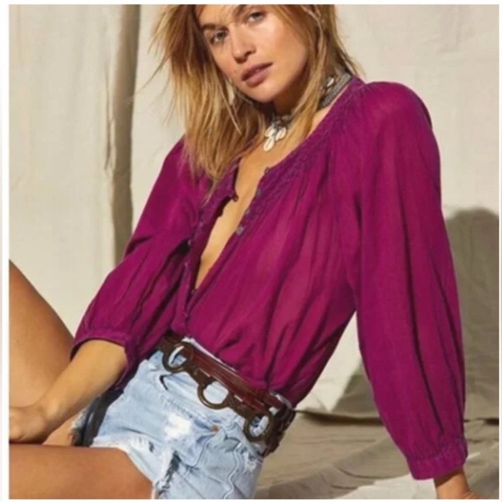WE THE FREE x Free People Fuchsia Cool Meadow Peasant Boho Top size Medium